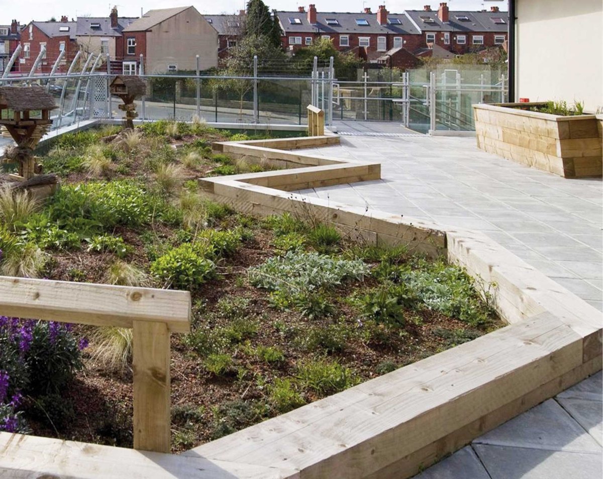 Roof terrace nature reserve with raised timber beds and a glass balustrade with stainless wire ropes above